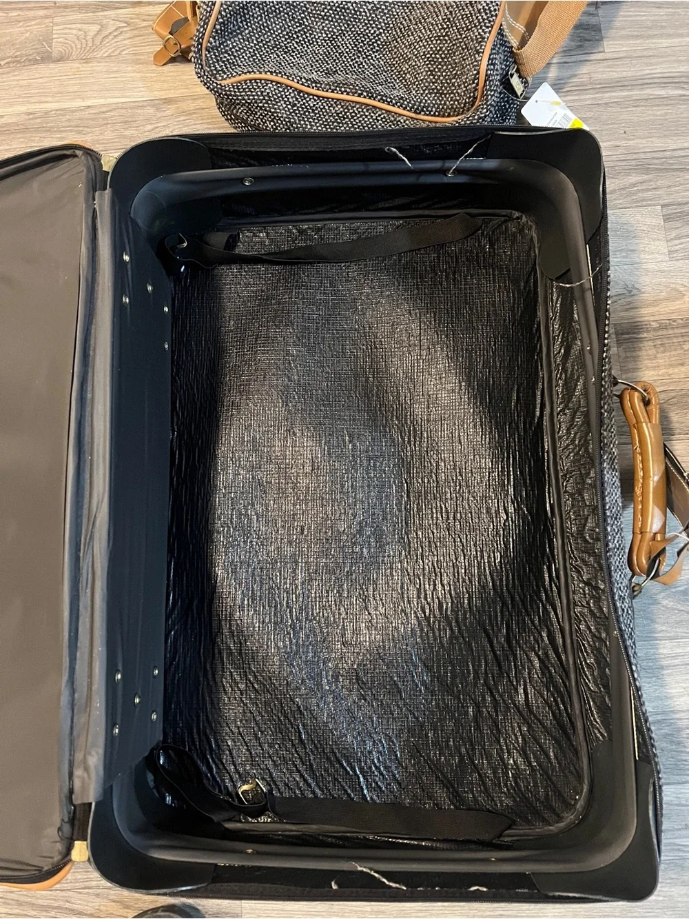Three-Piece vintage Oscar De LaRenta Travel Bag Set Black tweed with Tan Trim